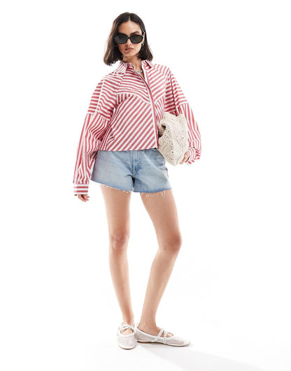 ASOS DESIGN spliced detail volume sleeve shirt in red stripe