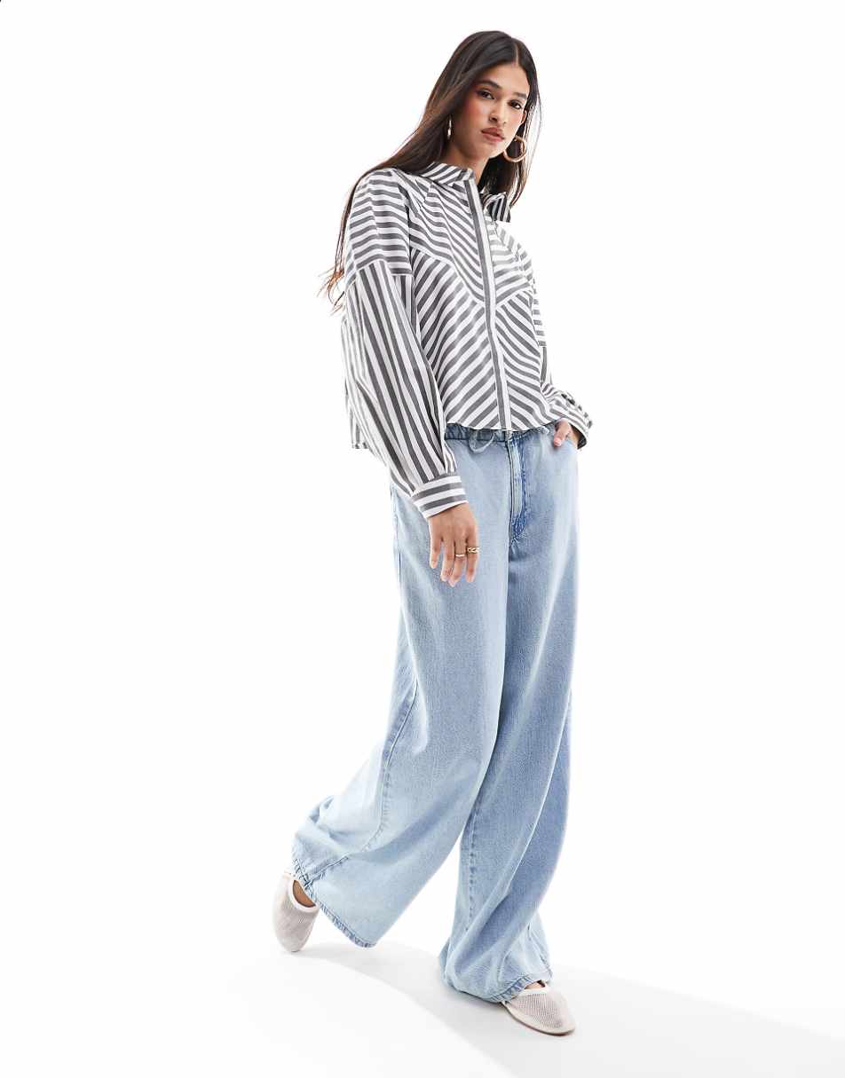 ASOS DESIGN spliced detail balloon sleeve shirt in gray stripe