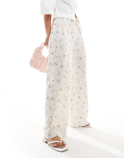 ASOS DESIGN linen look pull on wide leg pants in floral print