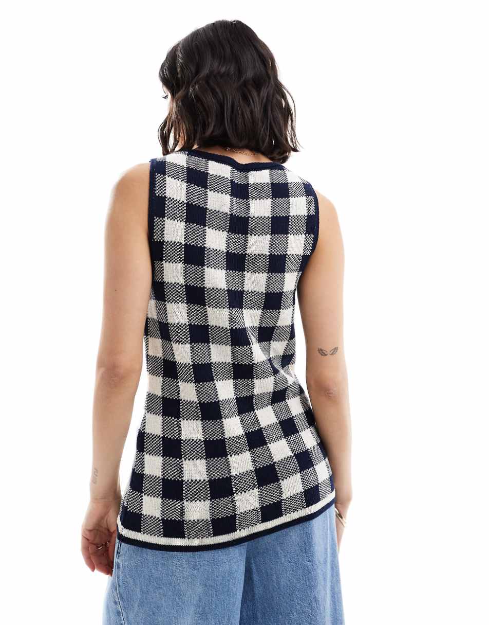 ASOS DESIGN knit split front v neck vest in navy gingham