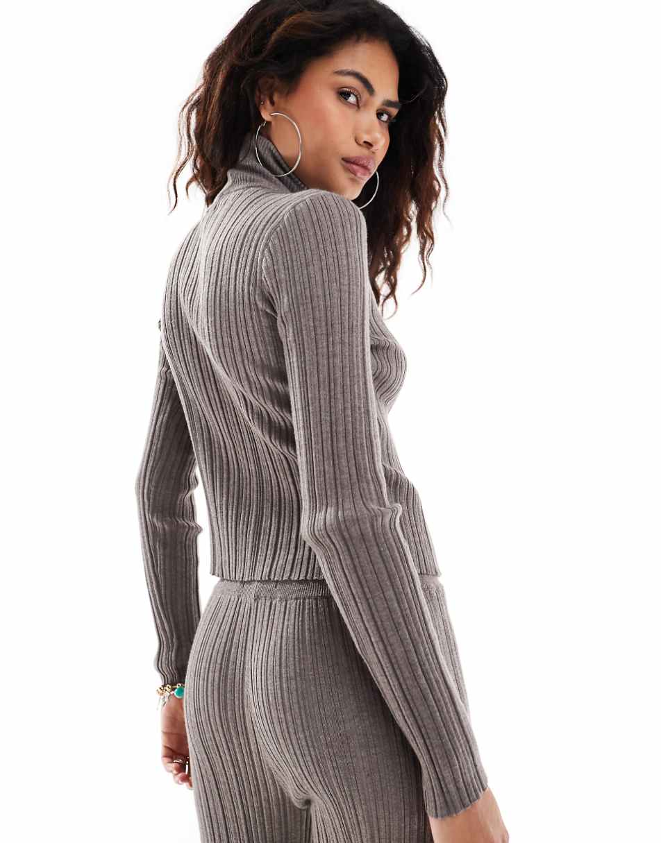 Urban Revivo plissed zip up funnel neck sweater in taupe - part of a set