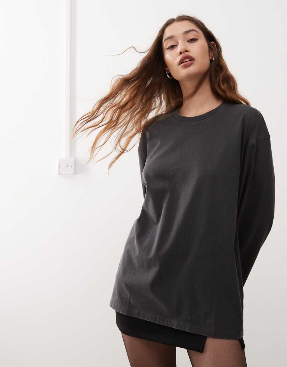 Weekday Frida washed oversized long sleeve top in off-black