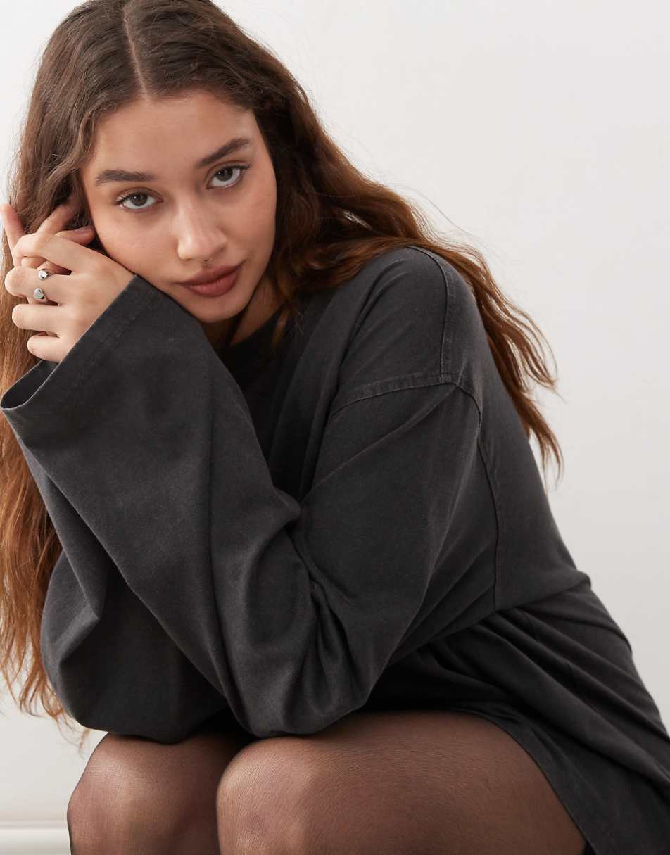 Weekday Frida washed oversized long sleeve top in off-black