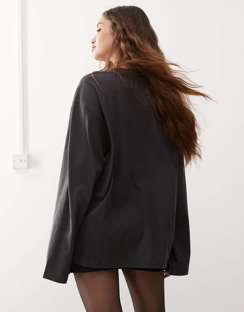 Weekday Frida washed oversized long sleeve top in off-black