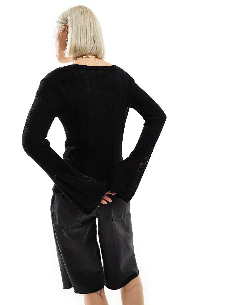 Weekday semi sheer slim fit sweater with flared sleeves in black