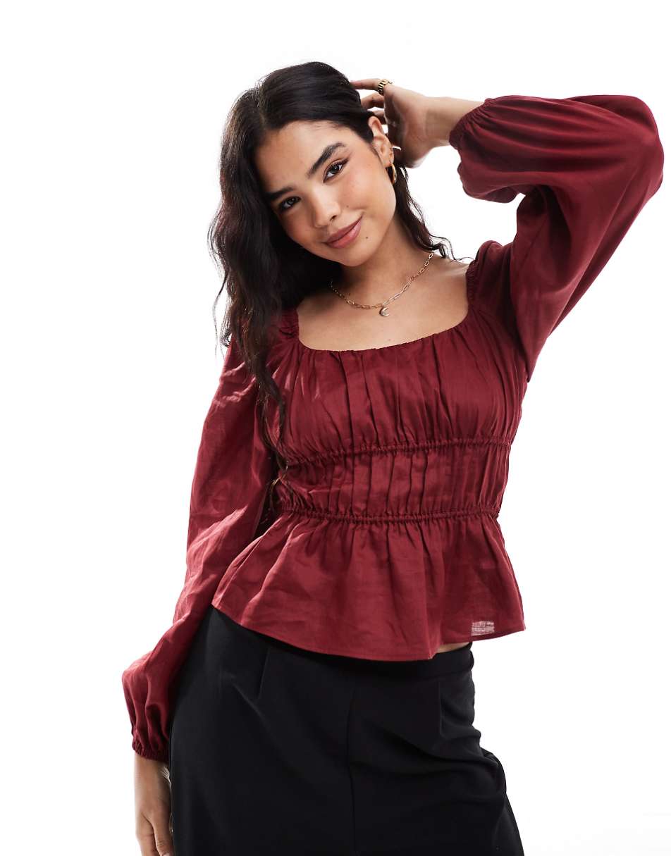 & Other Stories linen blend long sleeve ruched top in burgundy red