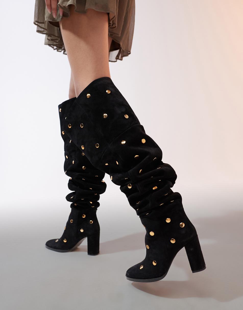 ASOS DESIGN King premium suede over-the-knee boots with gold studs in black