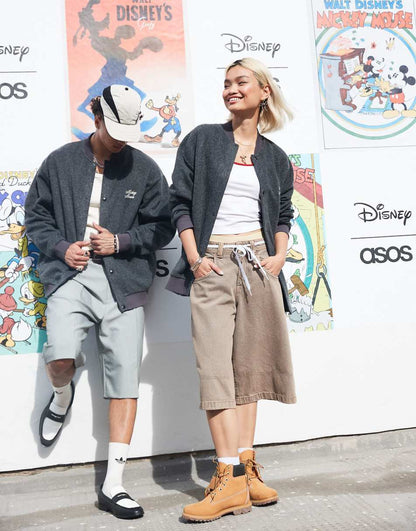ASOS DESIGN Disney unisex oversized wool bomber jacket with Mickey Mouse prints in gray