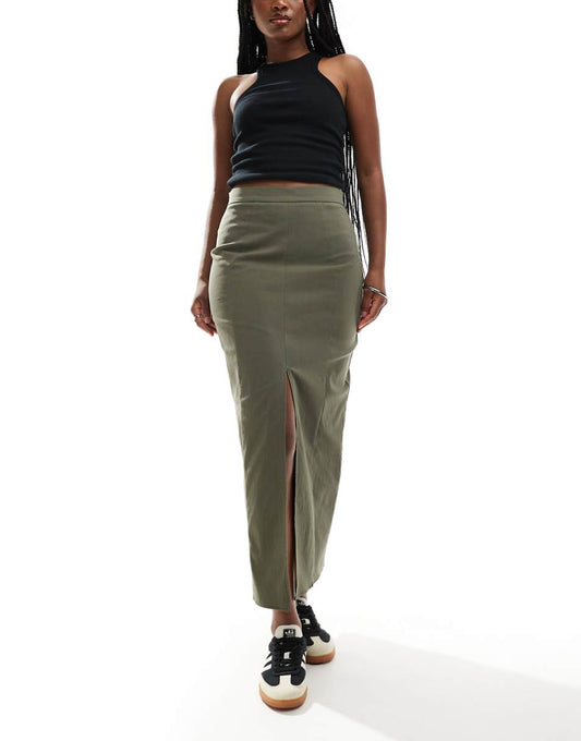 ASOS DESIGN midi skirt with front split in khaki