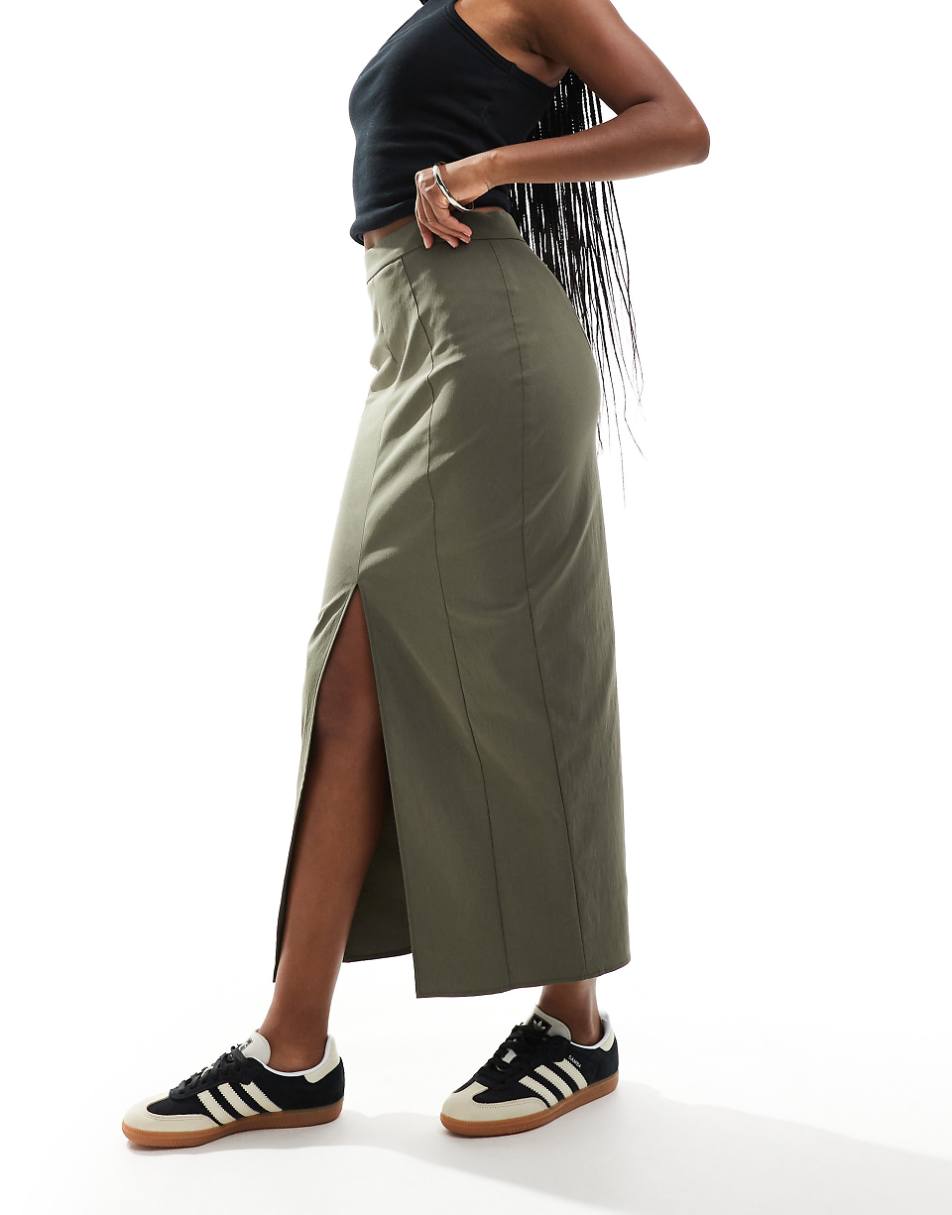 ASOS DESIGN midi skirt with front split in khaki