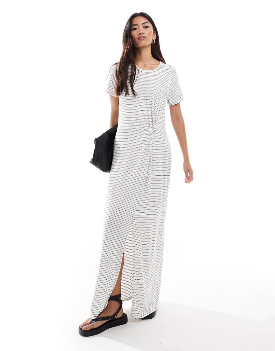 Vero Moda knot front maxi dress in white with black stripes