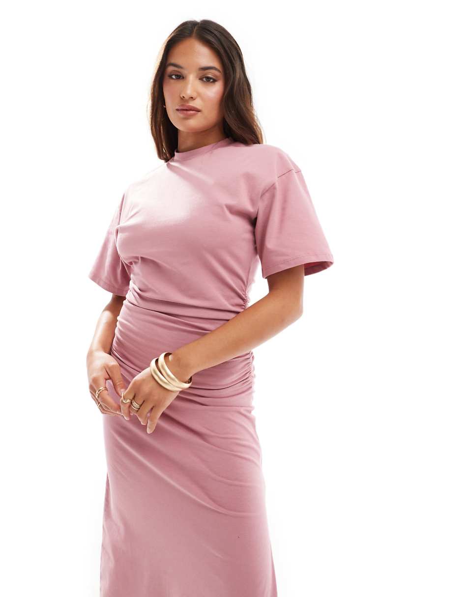 ASOS DESIGN crew neck midi T-shirt dress with ruched side in dusky rose