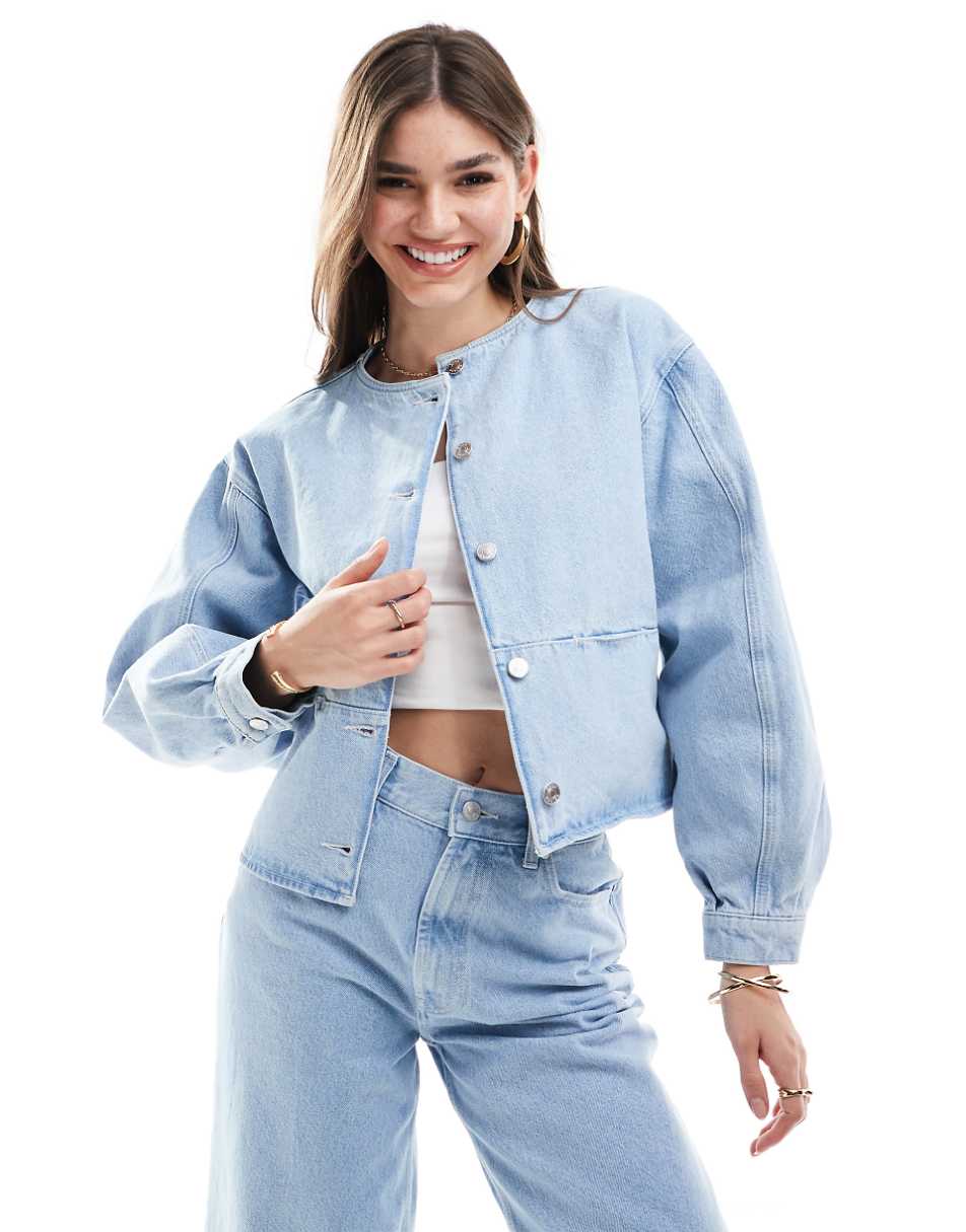 ASOS DESIGN denim collarless jacket in bleach