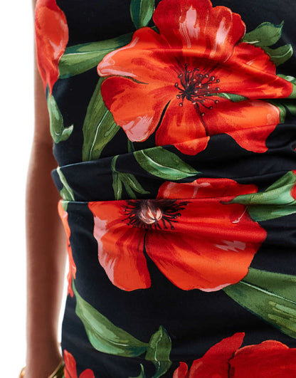 Mango bandeau flower mini dress in black and red