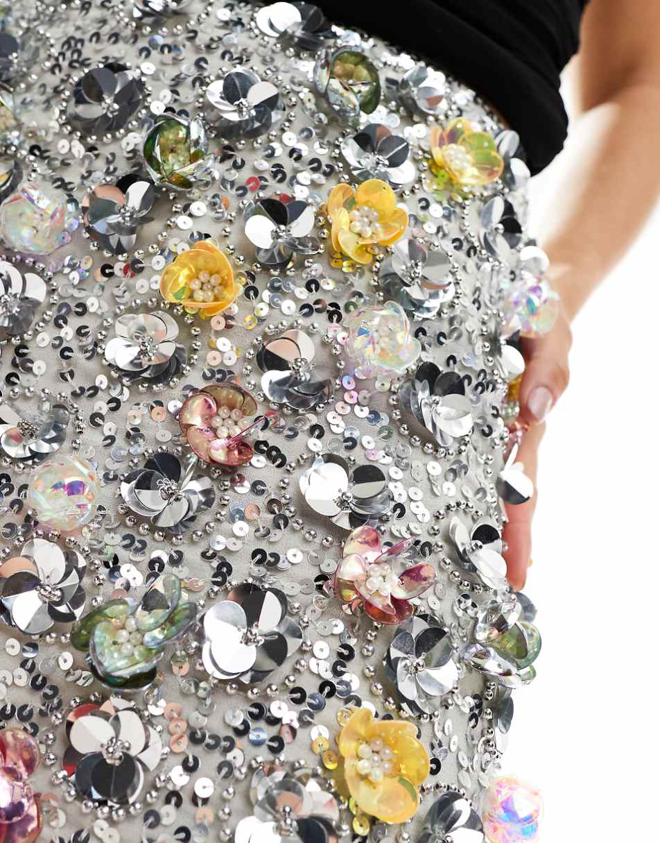 ASOS DESIGN flower sequin embellished mini skirt in silver