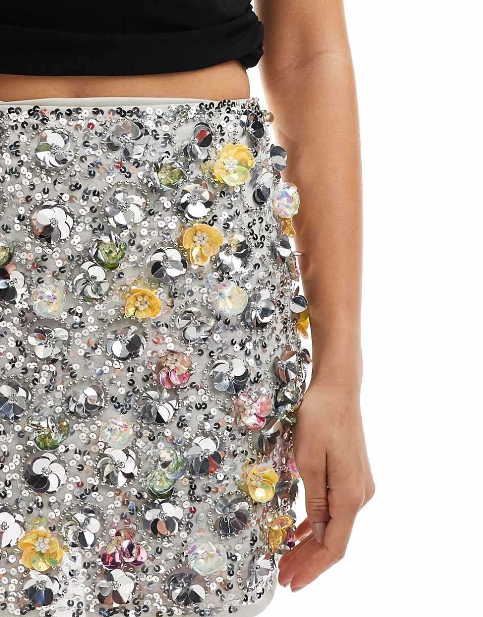 ASOS DESIGN flower sequin embellished mini skirt in silver