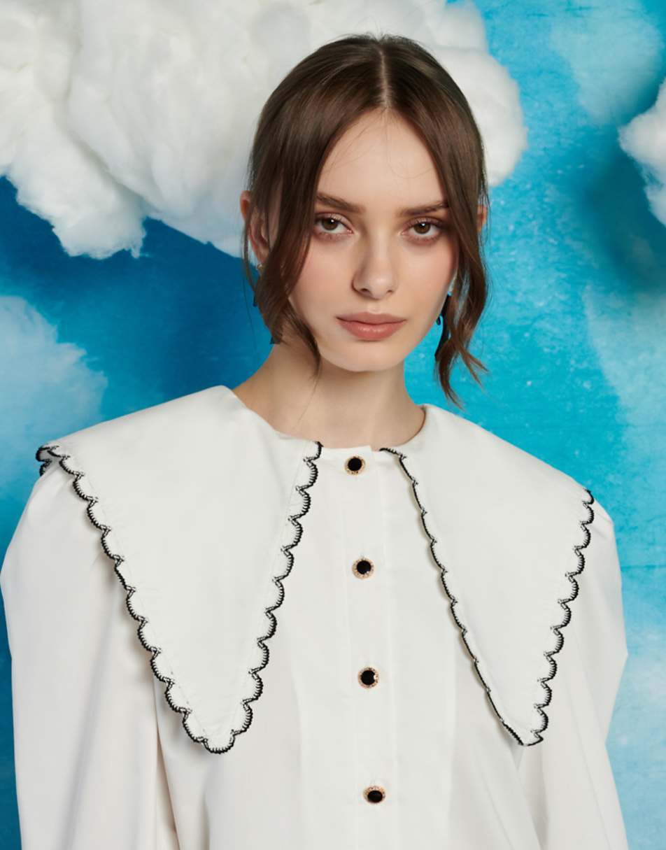 Sister Jane contrast stitch oversized collar shirt in ivory