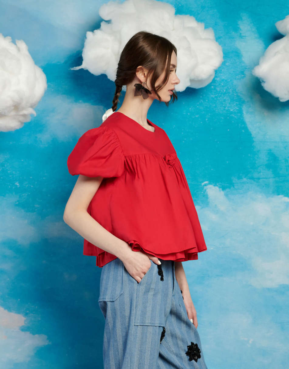 Sister Jane rosette puff sleeve smock top in red