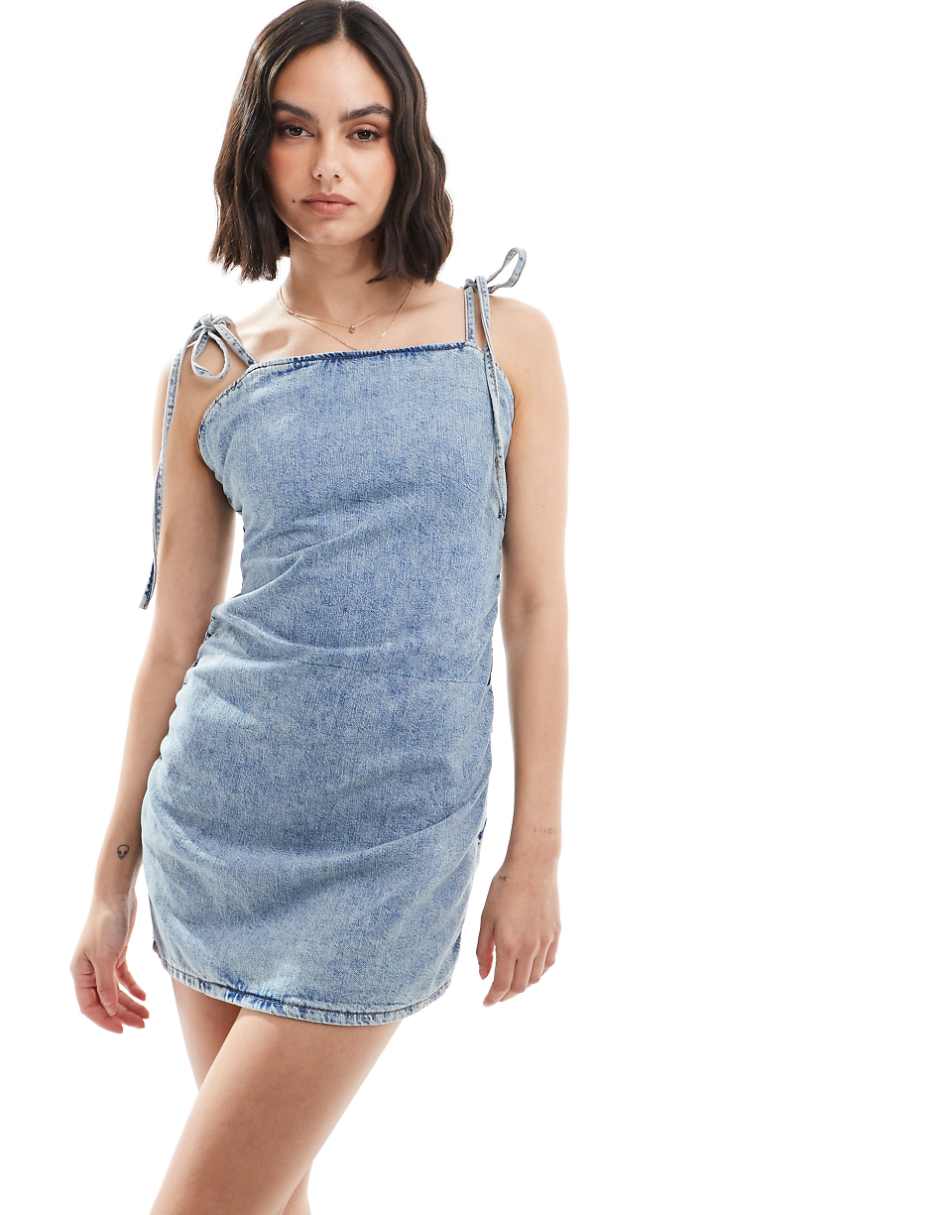 Pull&Bear strappy denim mini dress in medium blue