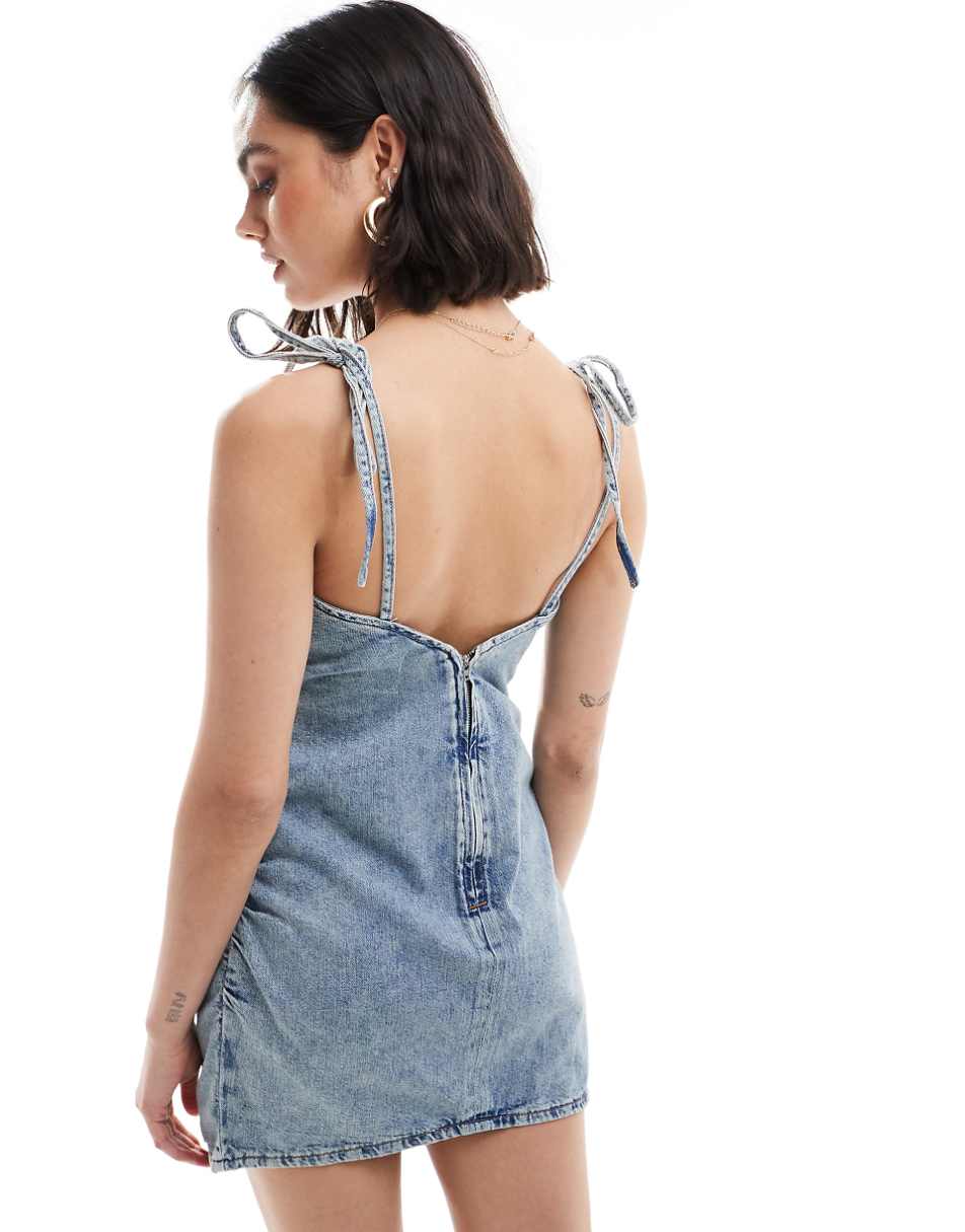 Pull&Bear strappy denim mini dress in medium blue