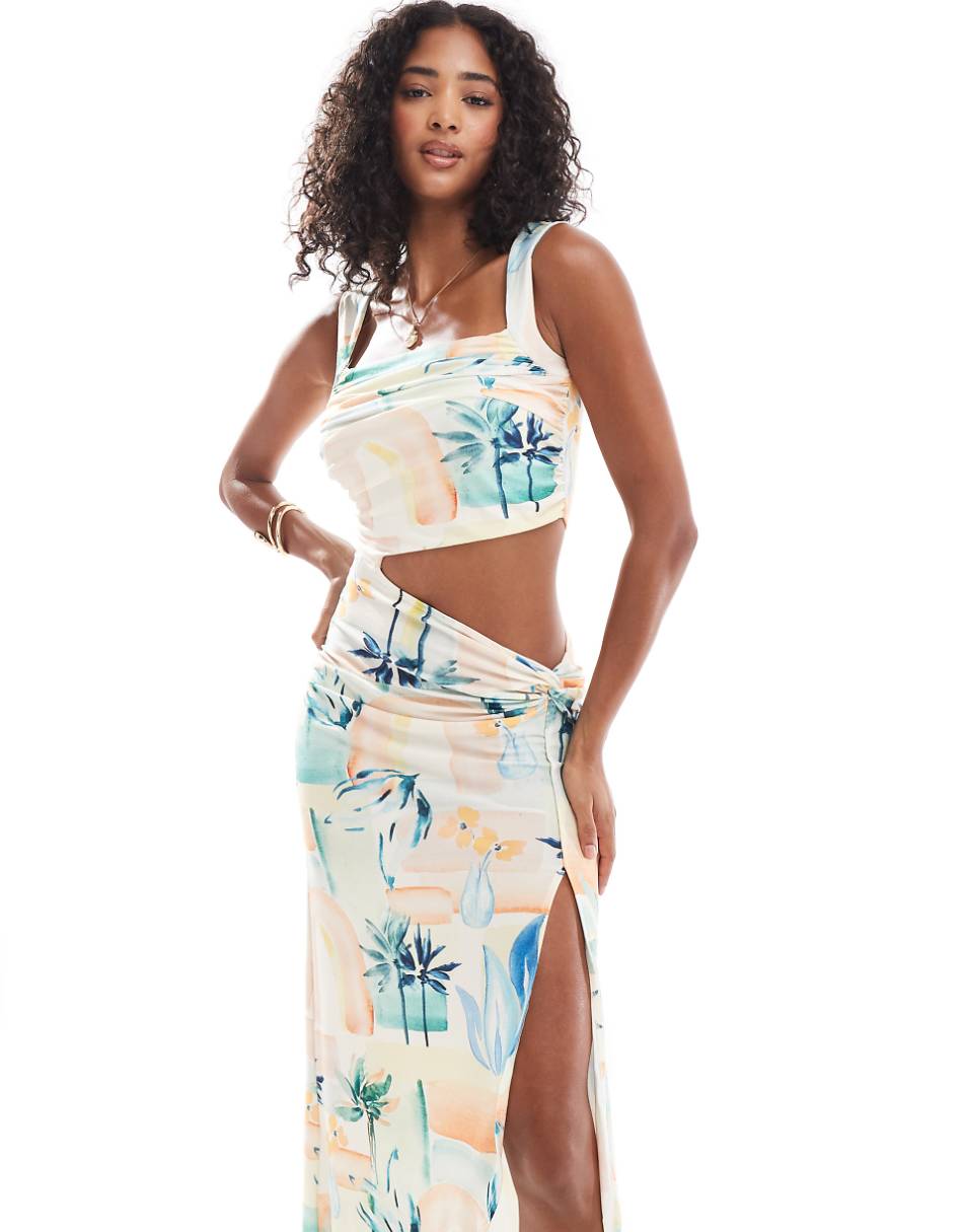 ASOS DESIGN knot front ruched midi dress in palm tree print