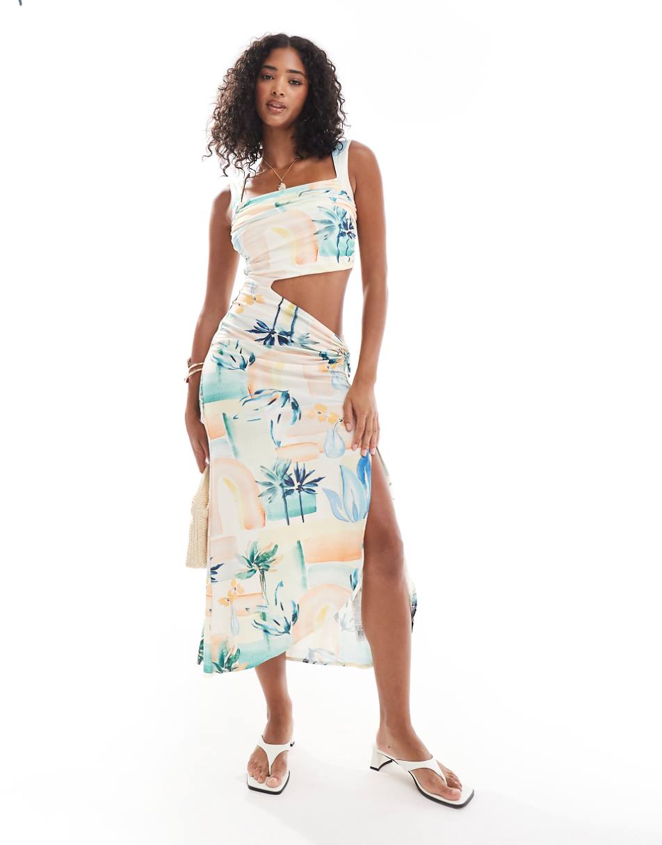 ASOS DESIGN knot front ruched midi dress in palm tree print