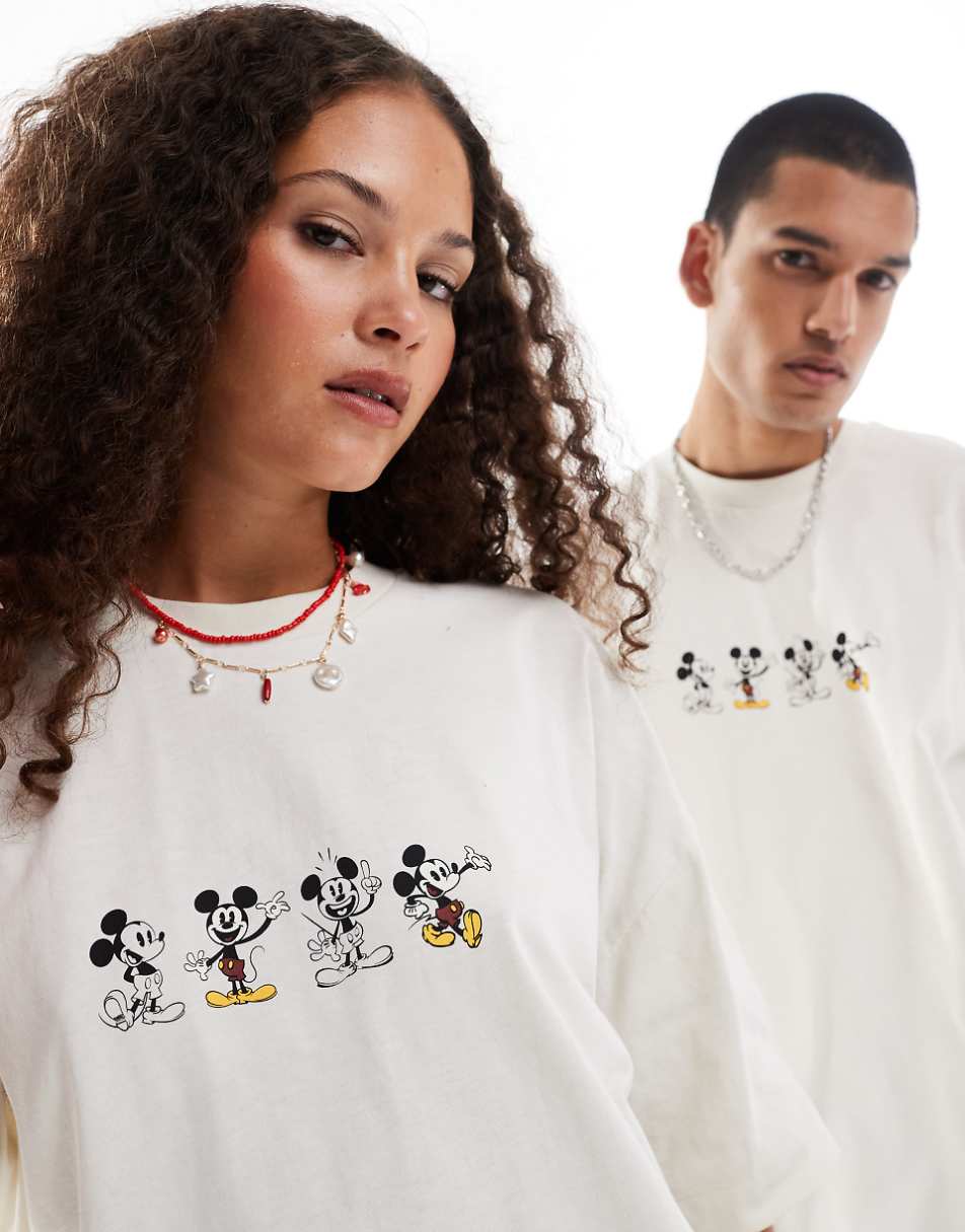 ASOS DESIGN Disney unisex oversized T-shirt with Mickey Mouse prints in off white