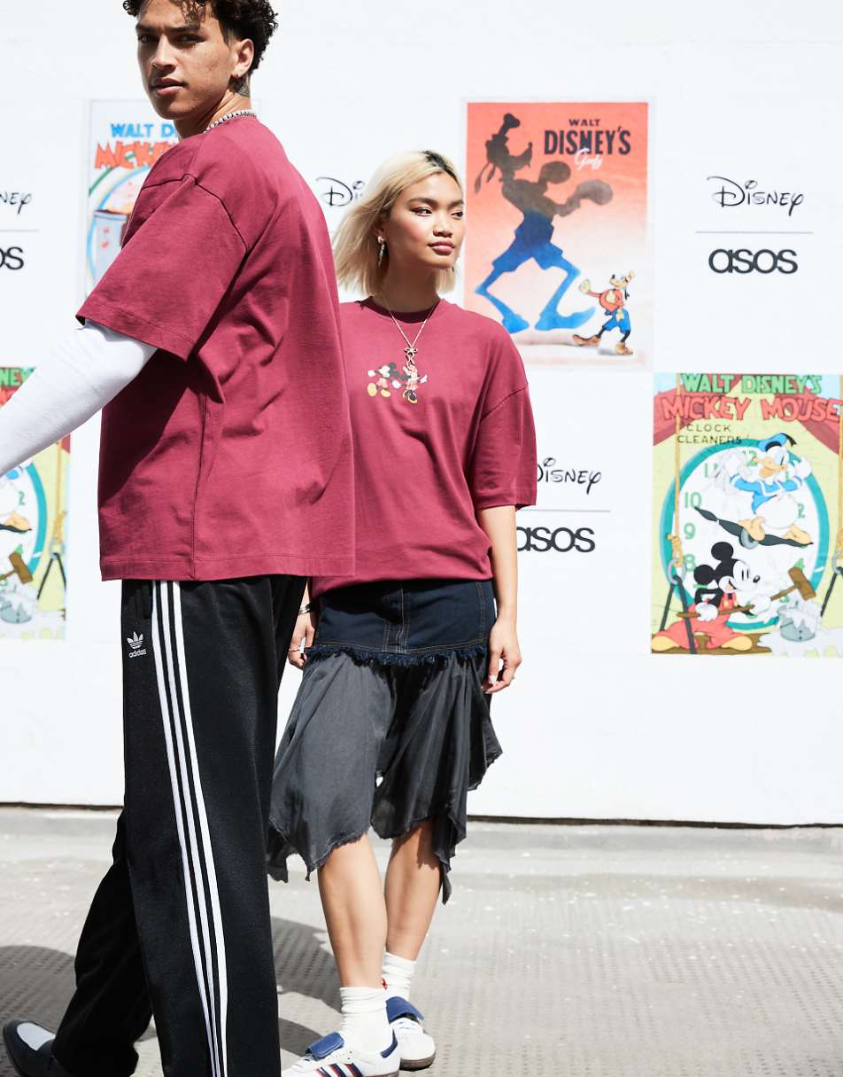 ASOS DESIGN Disney unisex oversized T-shirt with Mickey Mouse & Minnie Mouse print in burgundy