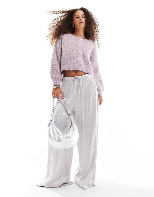 VRG GRL effie wide leg satin pants in silver gray