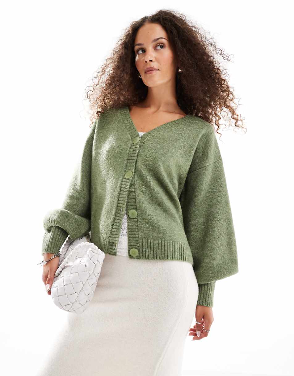 VRG GRL sorrentino fluffy relaxed knit cardigan in olive