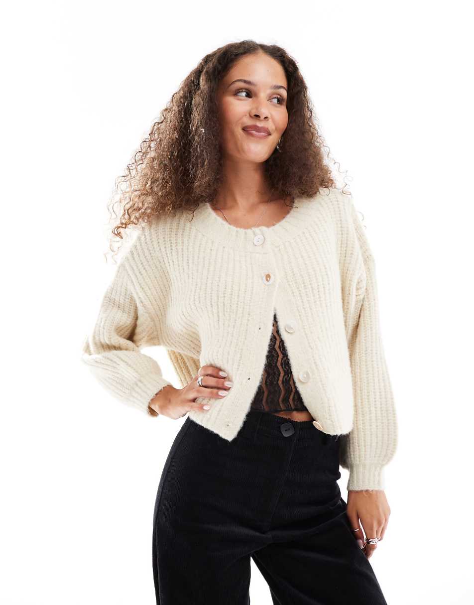 VRG GRL elsie fluffy ribbed knitted cardigan in cream