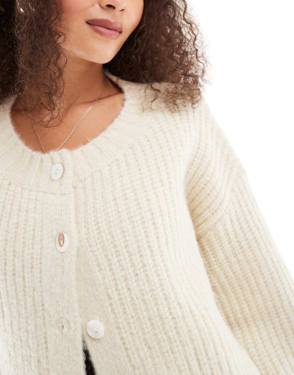 VRG GRL elsie fluffy ribbed knitted cardigan in cream