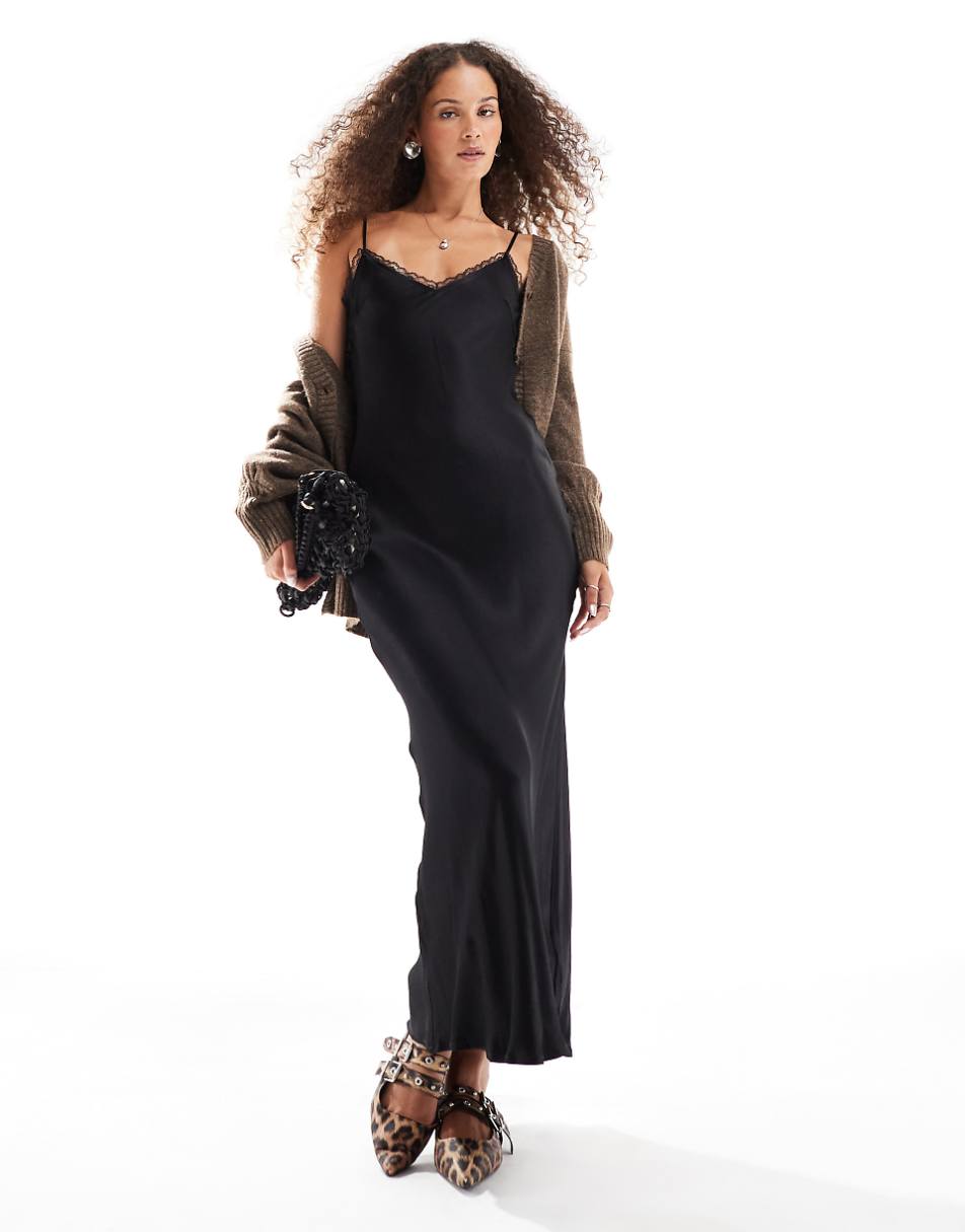 VRG GRL isle of paradise bias cut satin maxi dress in black