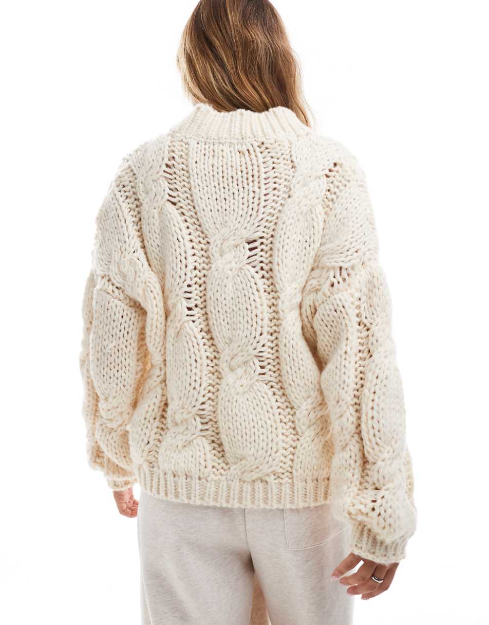 4th & Reckless cable knit V-neck sweater in cream