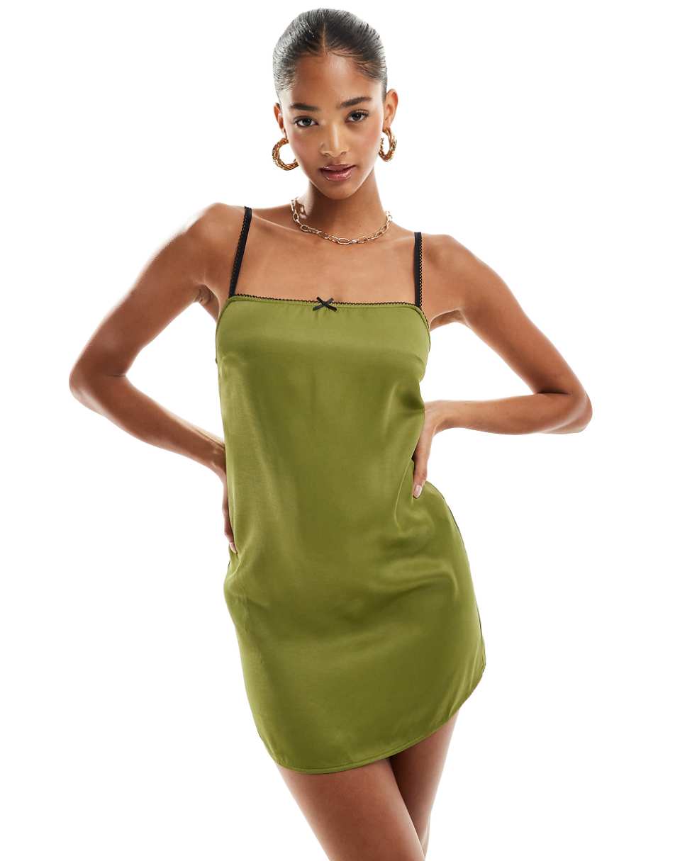 Pull&Bear bow detail strappy satin mini dress in olive green