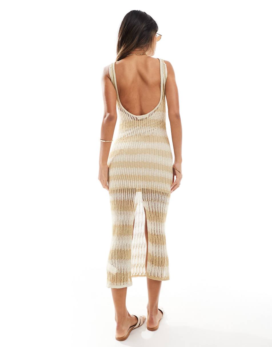 Pull&Bear knitted crochet maxi dress in ecru stripe