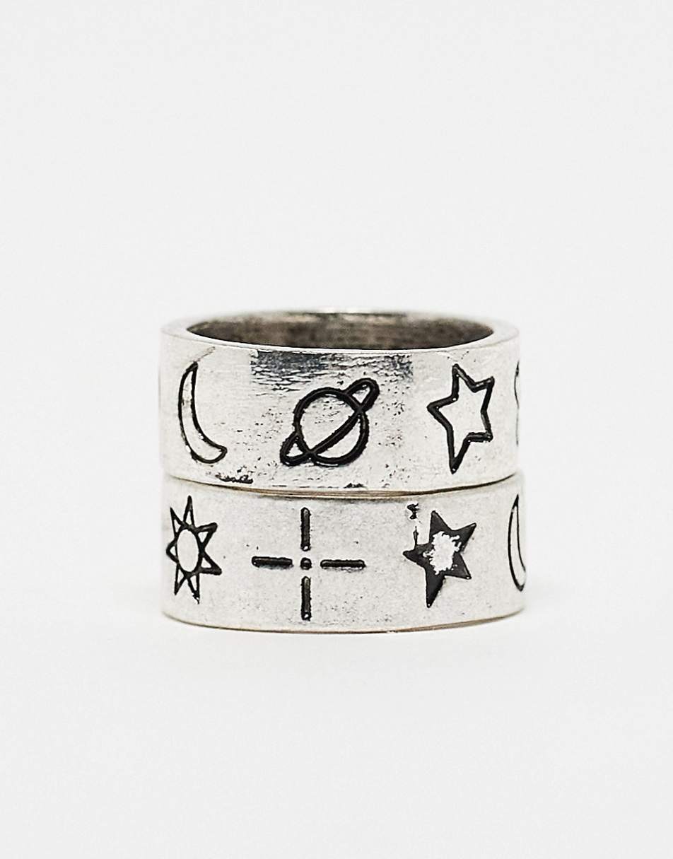 Reclaimed Vintage 2-pack unisex rings with doodles in burnished silver