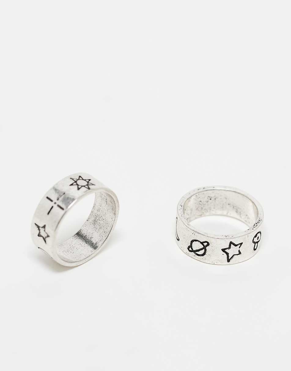 Reclaimed Vintage 2-pack unisex rings with doodles in burnished silver