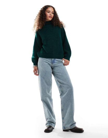 Monki Libby high neck knitted rib sweater in forest green