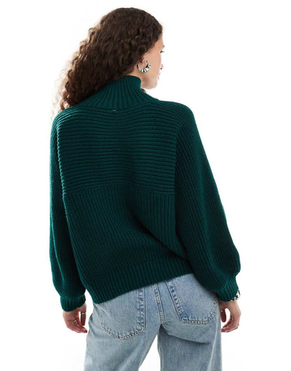 Monki Libby high neck knitted rib sweater in forest green