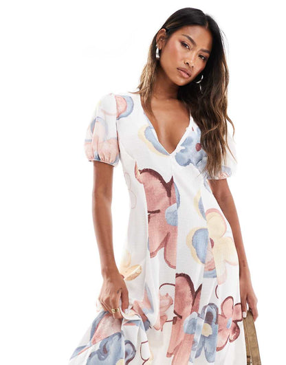 ASOS DESIGN puff sleeve flare maxi dress enlarged floral print
