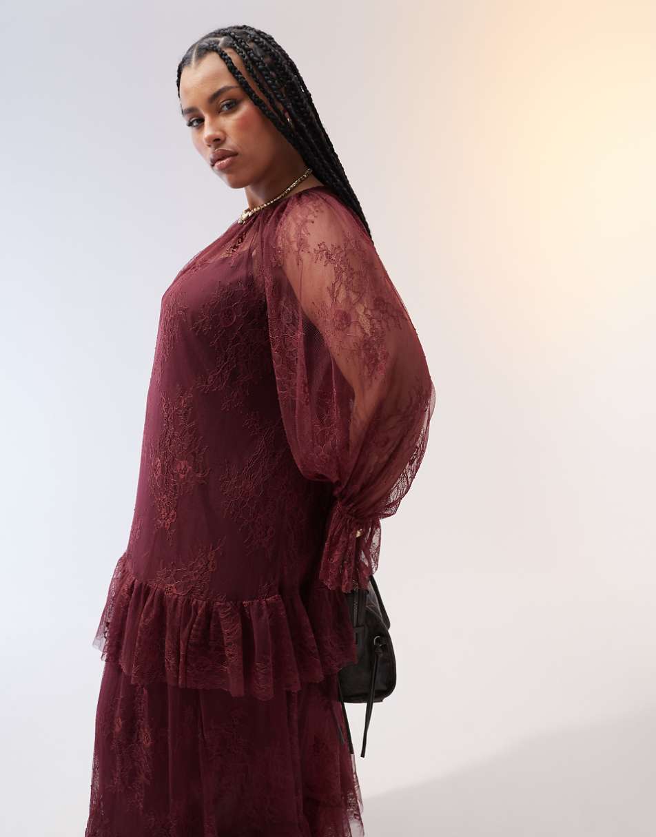 ASOS DESIGN Curve ruffle detail lace maxi dress in burgundy