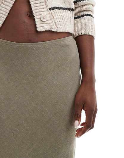 Miss Selfridge linen look bias maxi skirt in khaki