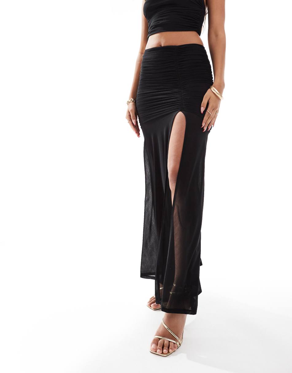 ASOS DESIGN mesh ruched maxi skirt with split in black - part of a set