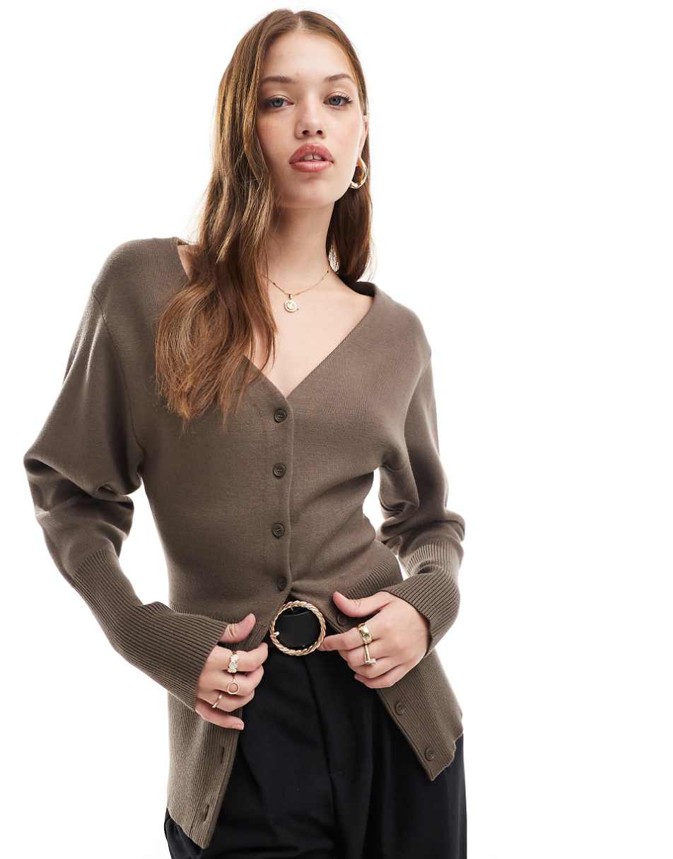 & Other Stories compact knit cardigan with v neck and volume sleeves in dark beige