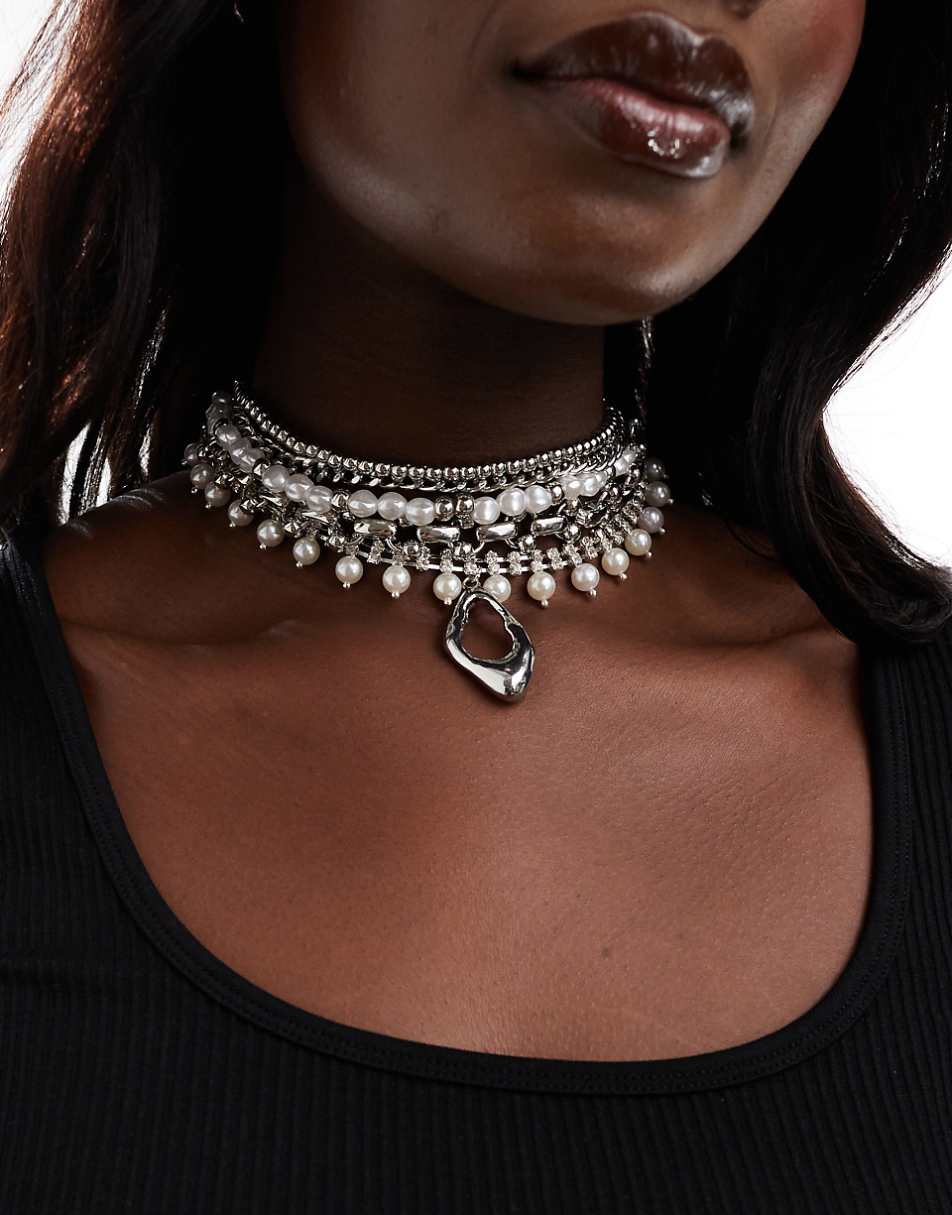 ASOS DESIGN Curve Limited Edition multirow necklace with faux pearl and molten pendant in silver tone