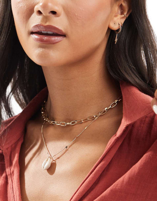 ASOS DESIGN multirow necklace with open link and shell pendant in gold tone