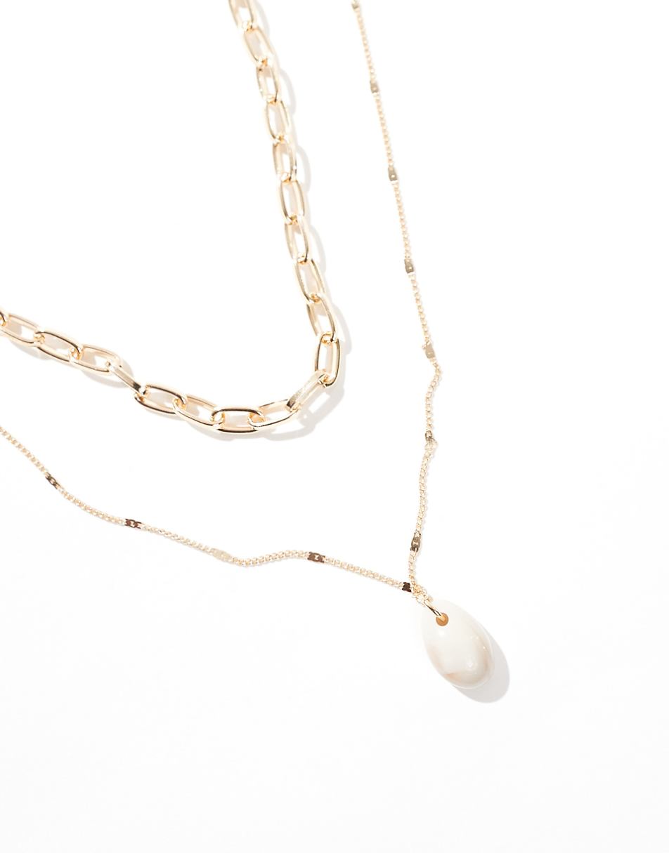 ASOS DESIGN multirow necklace with open link and shell pendant in gold tone