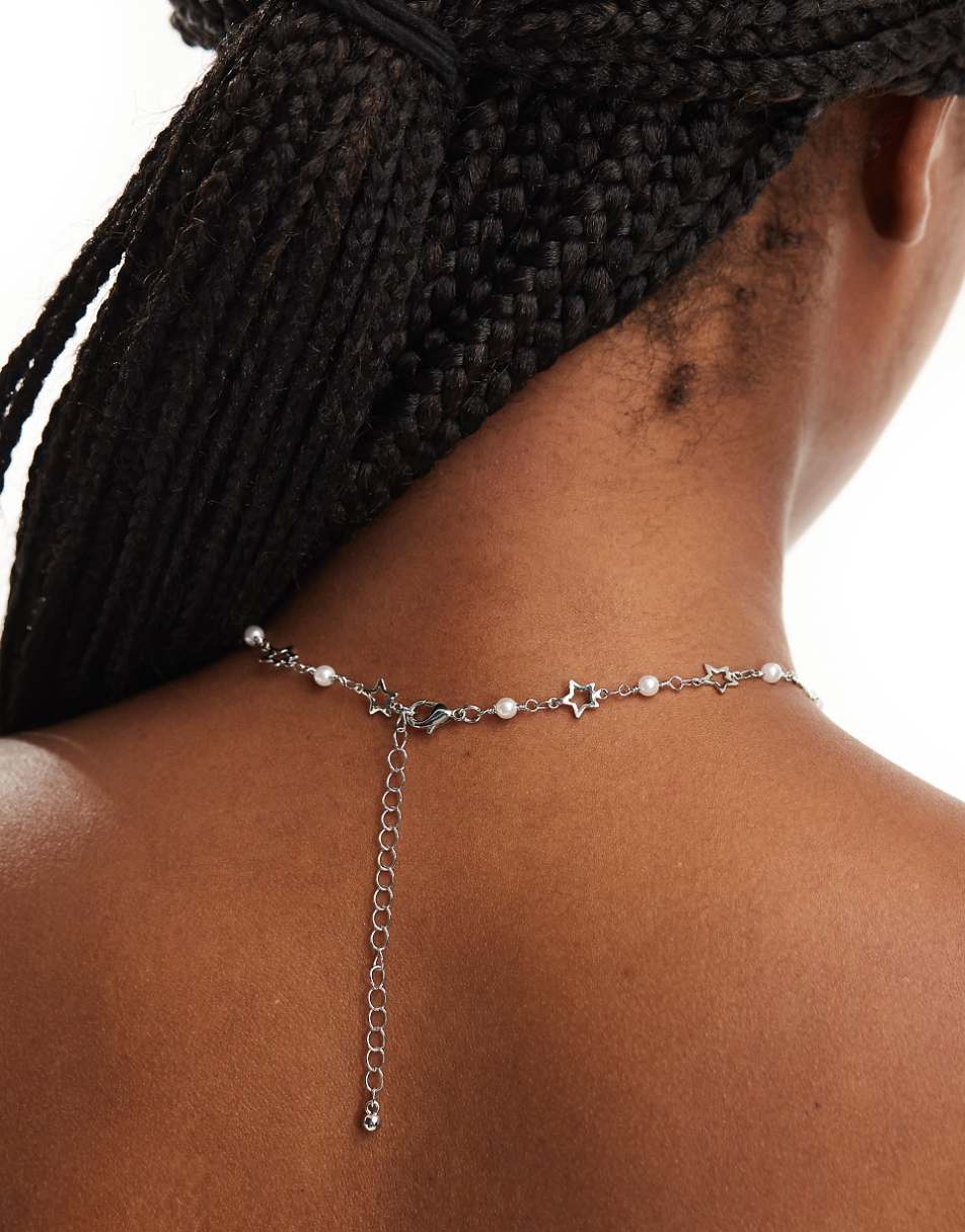 ASOS DESIGN short necklace with faux pearl and star detail in silver tone