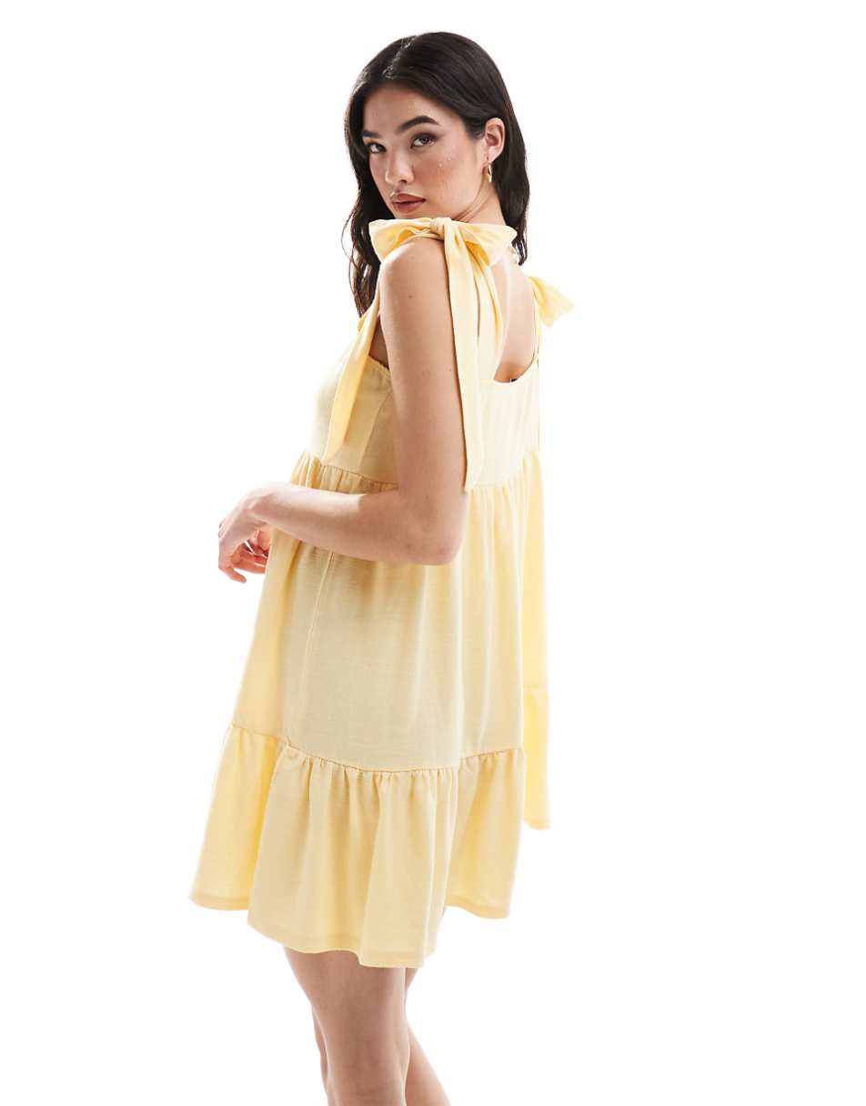 Miss Selfridge linen tie shoulder mini tiered sundress in yellow